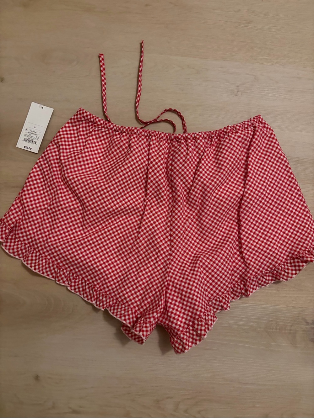 High-Waist Red Gingham Ruffle Hem Women’s Shorts - Picture 2 of 3